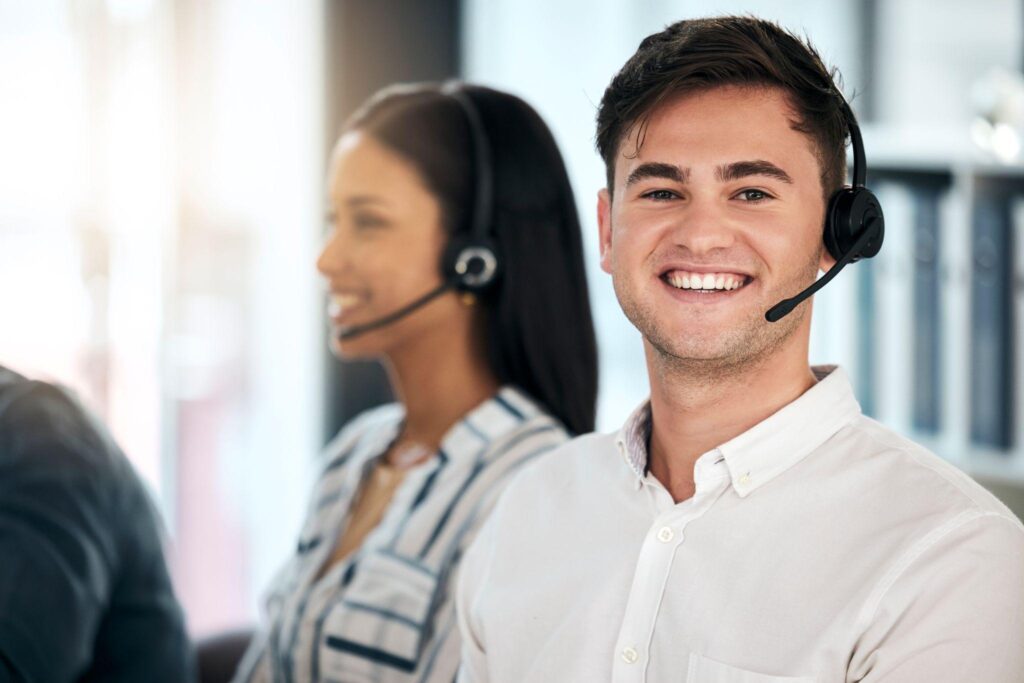 Man, consultant and call center with smile for customer service